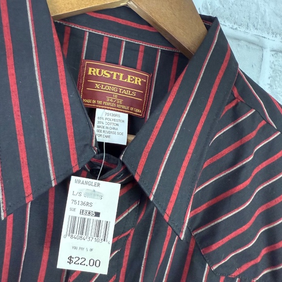 Wrangle Rustler Black & Red Striped Pearl Snap Western Shirt Mens 18 X-Long Tail - Picture 3 of 8